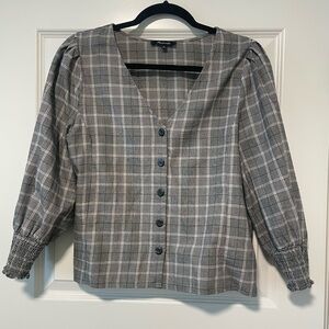 Madewell Gray Plaid Button-Front Puff Sleeve Top